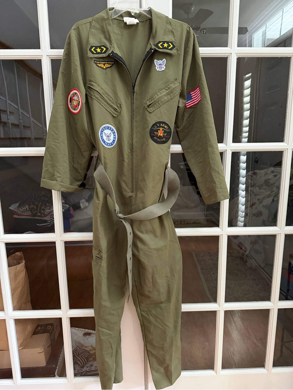 Men's Olive Green Military-Style Bodysuit with Patch Accents